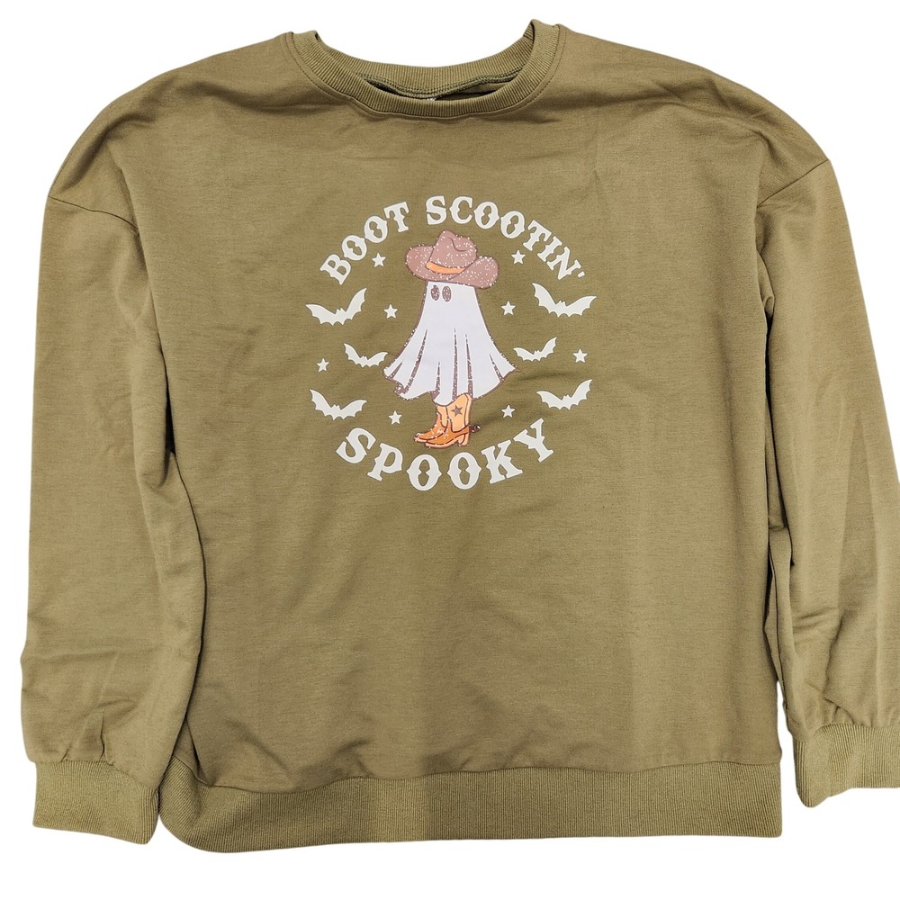 Boot Scootin' Spooky Ghost Cowboy Hat Bats Olive Green Crewneck‎ Sweatshirt XXL